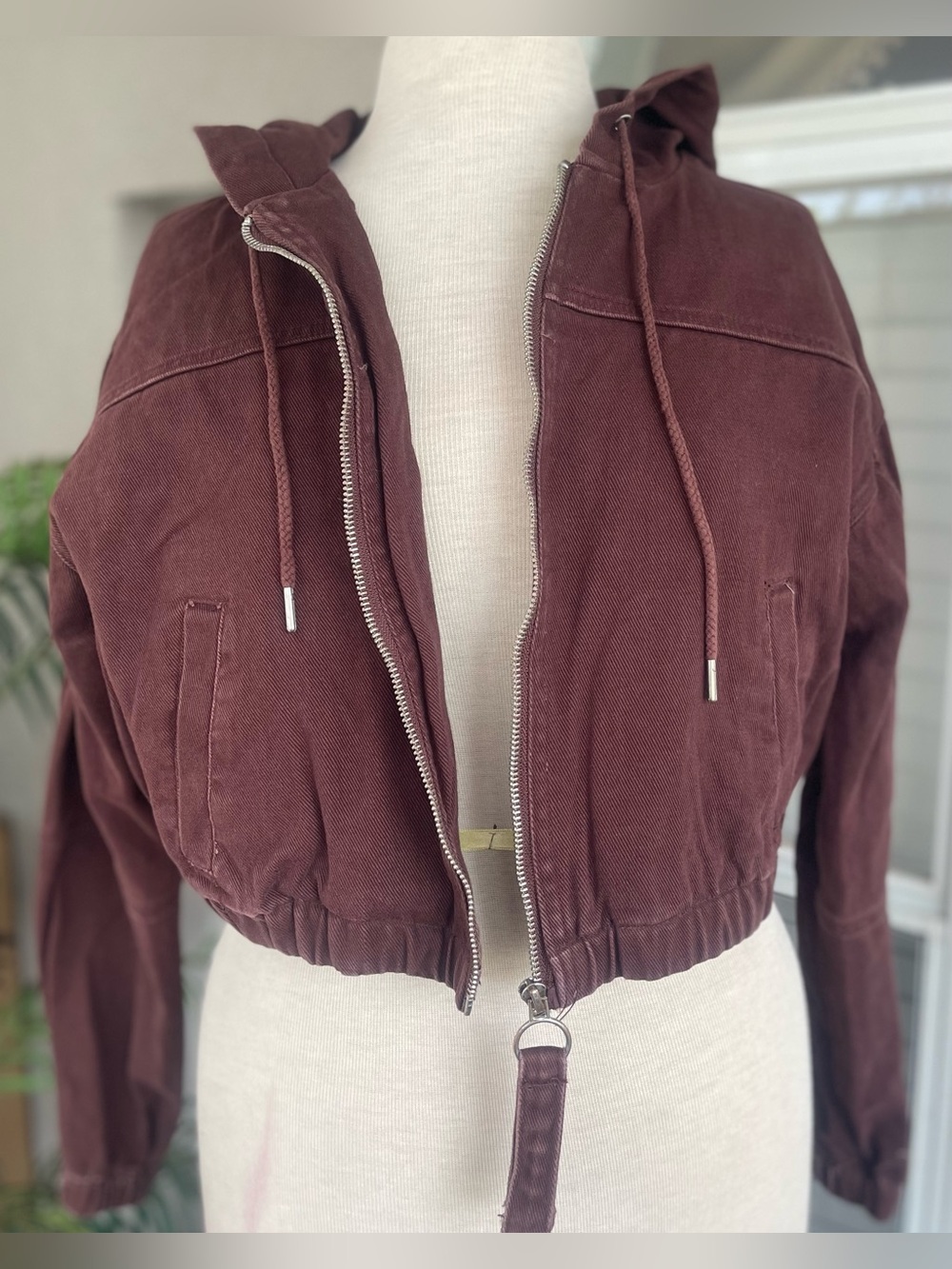 Stoosh Vintage Denim Cropped Hooded Bomber Jacket in Deep Brown